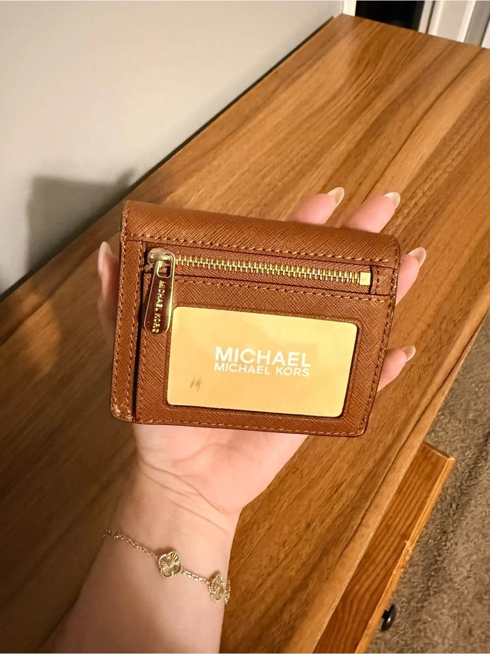 Michael Kors Cognac Saffiano Leather Card Wallet with Gold Logo
